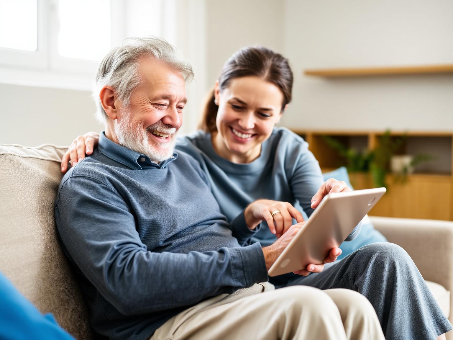 A helper showing an older adult how to use a tablet at home