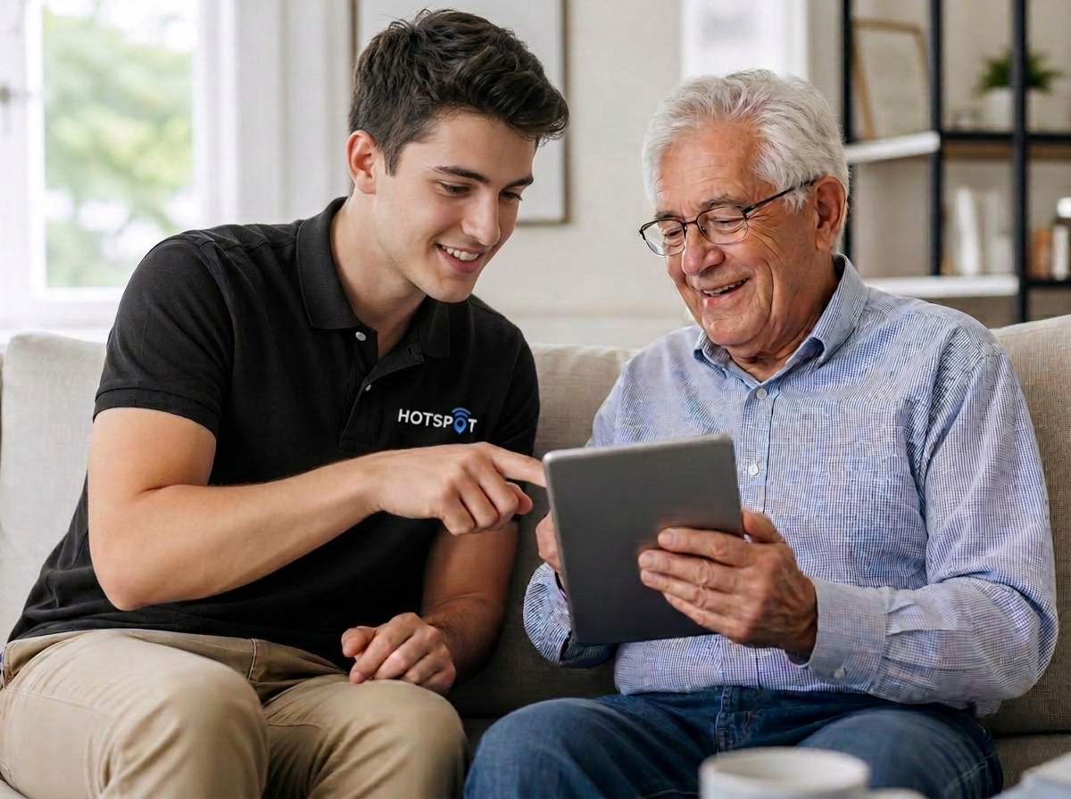 A friendly tech helper explaining a tablet at home